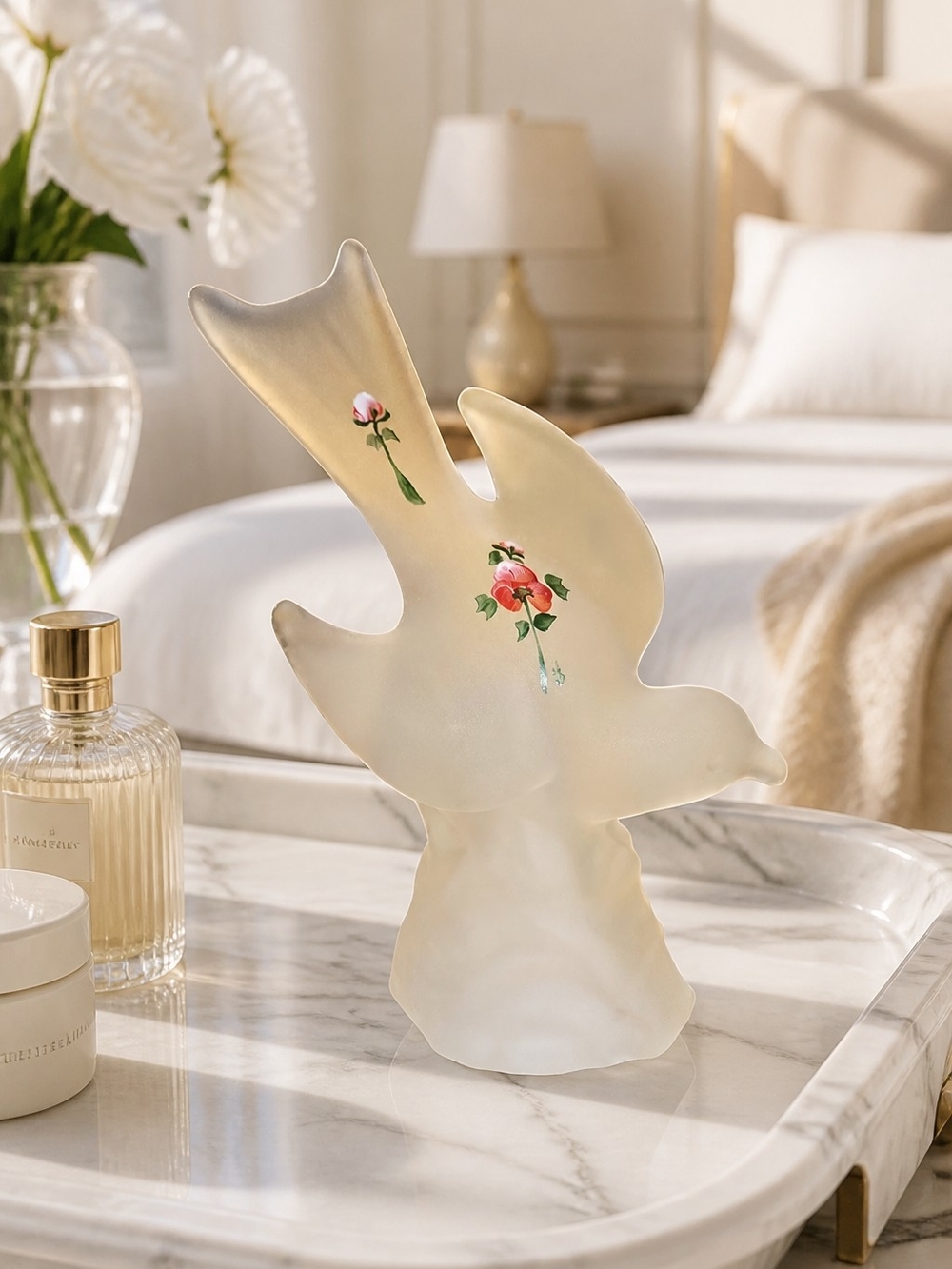 Frosted Dove with Pink Floral Detail. 8.5x6 Illumination possible underneath